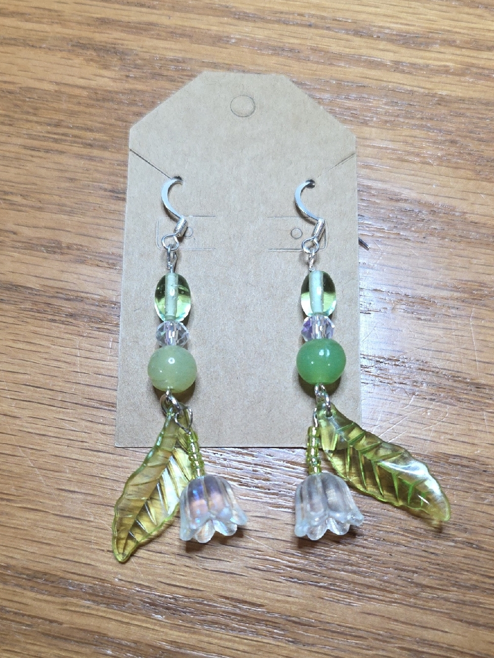 Green Floral Drop Earrings with Leaf and Bell Charms